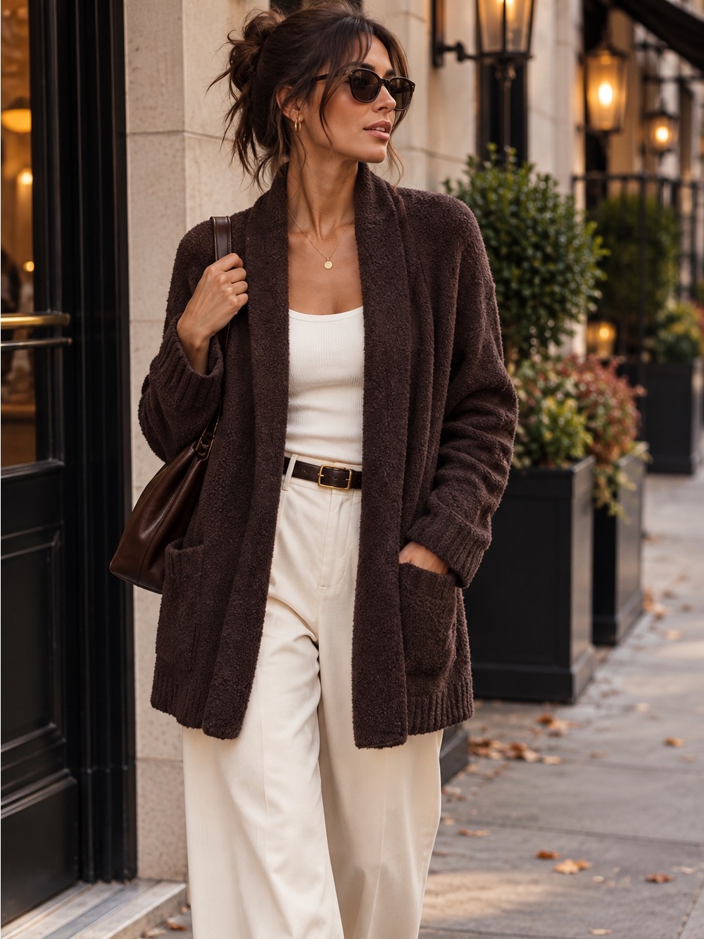 Barefoot Dreams CozyChic Cardigan Brown Shawl Collar Open Front M